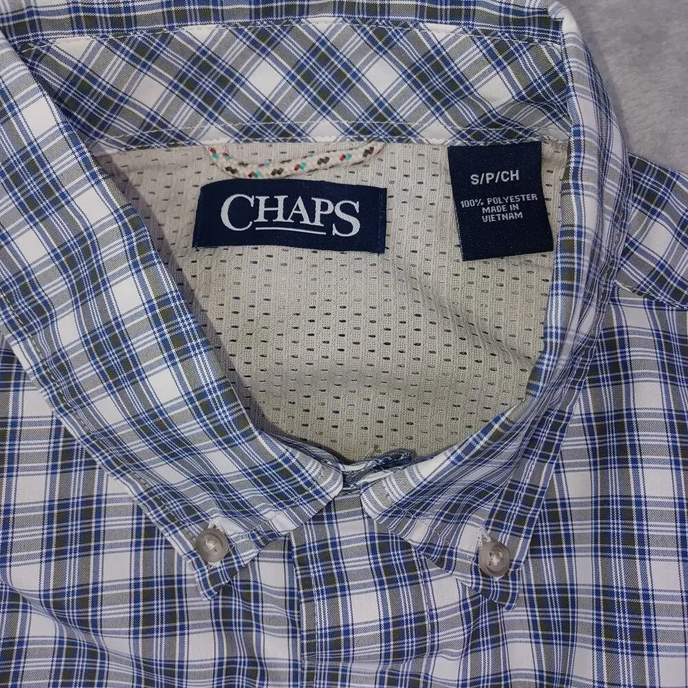 CHAPS Button Down Shirt Men S White Blue Plaid UPF 50 Quick Dry Short Sleeve NWT